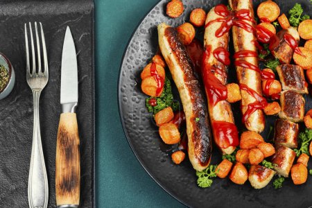 Photo for Grilled turkey sausages with ketchup, roasted carrots on the plate. BBQ menu. Top view. - Royalty Free Image