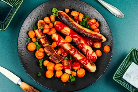Photo for Grilled or roasted turkey meat sausages in tomato ketchup with roasted carrots. Assorted succulent fried sausages. - Royalty Free Image