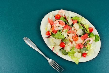 Photo for Fresh salad with pomelo, shrimps and greens. Thai appetizer salad. Space for text. - Royalty Free Image