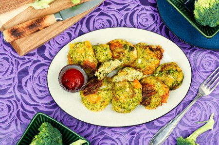 Photo for Green broccoli pancakes or cutlets. Vegetable cutlets, vegetarian food. - Royalty Free Image