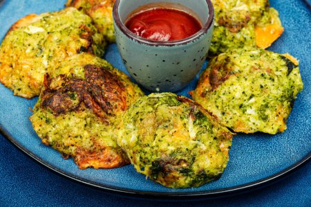 Photo for Green broccoli pancakes or cutlets. Vegetable cutlets, vegetarian food. Close up view. - Royalty Free Image