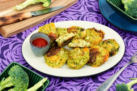Homemade baked broccoli cutlets, vegetarian food. Cabbage cutlets. Healthy vegan food.