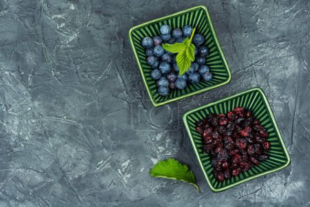 Photo for A set of fresh blueberries and dried cranberries. Copy space. Space for text. - Royalty Free Image