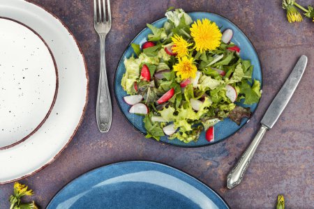 Photo for Spring salad of greens, radish and dandelions flowers on a plate. - Royalty Free Image