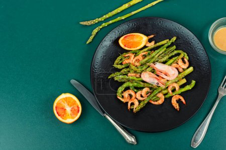 Photo for Salad from prawn shrimp, green asparagus. Space for text. - Royalty Free Image