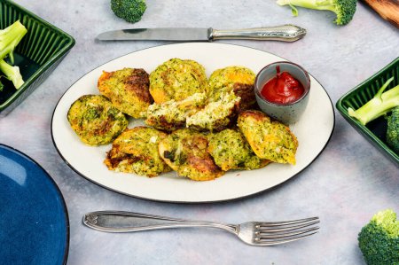 Baked vegetable cutlets with white sauce. Vegan broccoli cutlets. Cabbage cutlets.