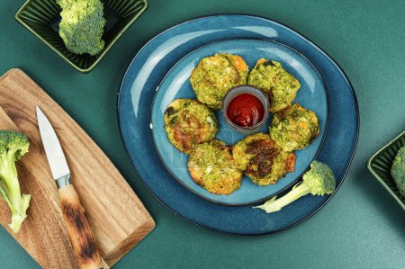 Photo for Vegan broccoli cutlets. Healthy vegan food. Cabbage cutlets. Top view. - Royalty Free Image