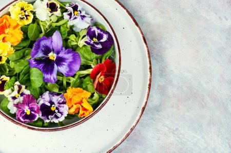 Plate with detox seasonal colorful edible flower salad. Copy space.