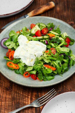 Salad of greens, tomatoes, cucumbers, peppers and fresh cream cheese Burrata on wooden background. Healthy eating concept.
