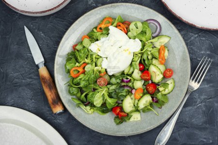 Photo for Vegetable dietary salad of greens, tomatoes, cucumbers, peppers and Burrata cheese. Keto diet salad. Top view. - Royalty Free Image
