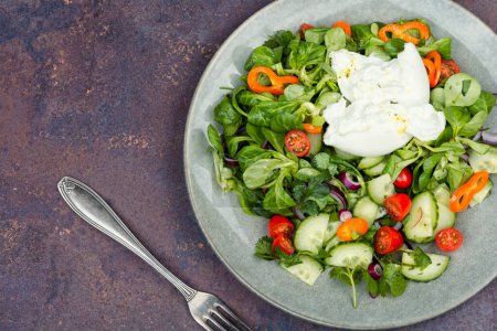Dietary salad of greens, fresh tomatoes, cucumbers, peppers and fresh cream cheese Burrata. Copy space.