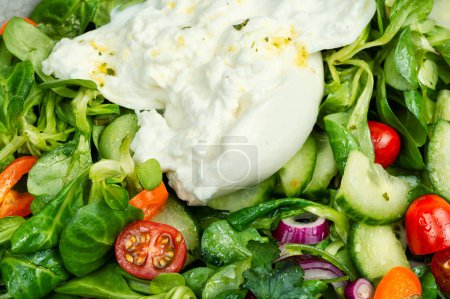Heathy salad of leafy greens, cherry tomatoes, cucumbers, peppers and Burrata cheese. Close up.