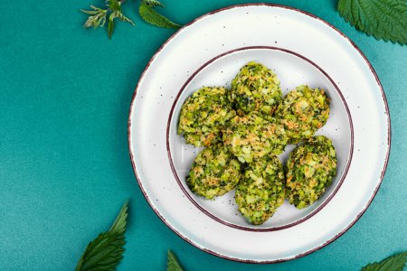 Vegetarian cutlets made from nettle cutlet leaves and broccoli. Copy space.
