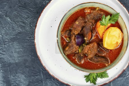 Traditional Hungarian braised venison goulash with vegetable in a bowl. Copy space.