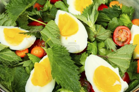 Téléchargez les photos : Salade verte maison avec orties, tomates et œufs. De la nourriture ukrainienne. Gros plan. - en image libre de droit