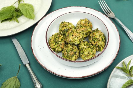 Vegetarian cutlets of stinging nettles leaves and broccoli. Nettle dishes.
