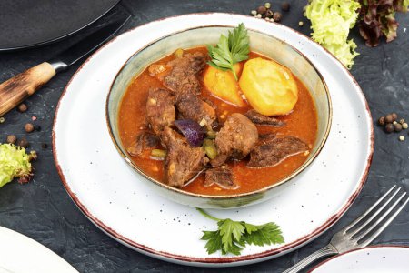 Appetizing goulash made from venison meat, meat goulash with potatoes in a bowl.
