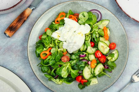 Italian salad of greens, tomatoes, cucumbers, peppers and fresh cream cheese Burrata. vegetarian Mediterranean diet food. Flat lay.