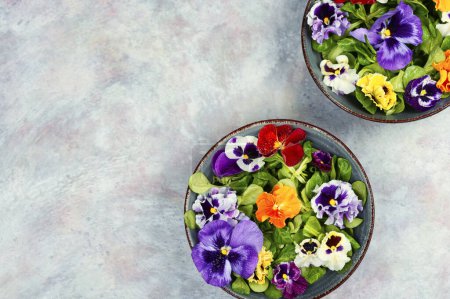 Photo for Spring seasonal colorful edible flower salad. Space for text. - Royalty Free Image