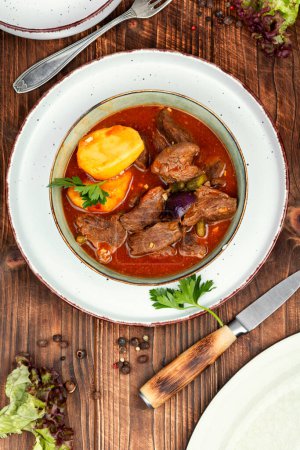 Traditional Hungarian braised venison goulash with vegetable in a bowl on rustic wooden table.