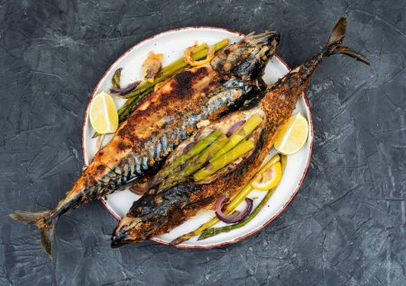 Photo for Dietary aromatic mackerel fish roasted with green asparagus Copy space. Baked fish - Royalty Free Image