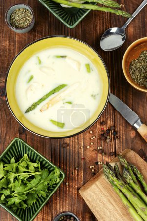 Soup with white and green asparagus. Vegan, vegetarian eating, dieting, healthy food