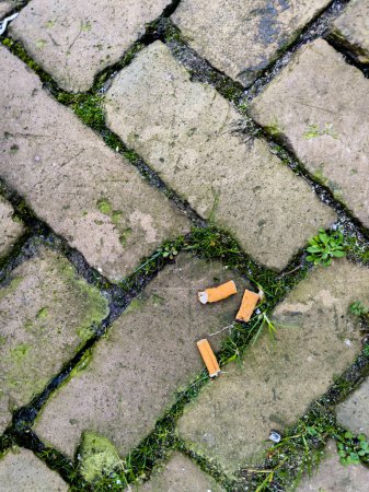 Cigarette butts scattered on the grimy cobblestone pavement, observed from an elevated perspective, portraying urban neglect and pollution.