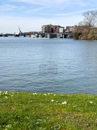La vue pittoresque se déploie sur la rivière, capturant le pont Prins Clausbrug et le développement immobilier de Stadswerven à Dordrecht, incarnant le mélange de tradition et de modernité de la ville..