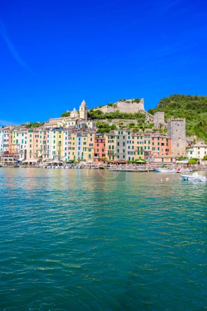 Foto de View of City Porto Venere - Harbor at beautiful coast scenery - travel destination of Province of La Spezia - Italy - Imagen libre de derechos