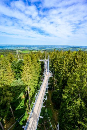 Vue sur le sentier arboré et le sentier dans de beaux paysages de montagne - Skywalk dans les Alpes - Destination de voyage à Scheidegg, Bavière, Allemagne -