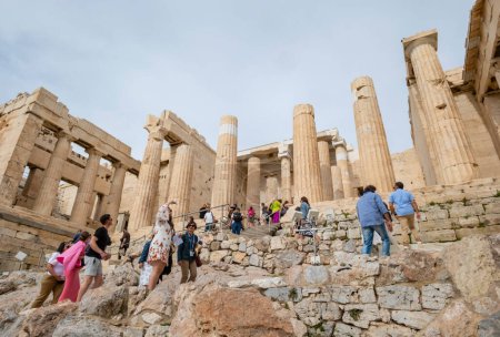 Photo for Athens, Greece - May 15, 2023: Crowd of Tourists Climbing the Mable Steps Up to the Acropolis - Royalty Free Image