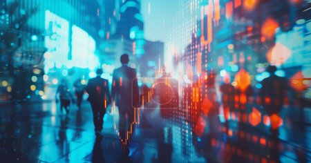 A stock market graph and business people in motion on a double exposure background, with a blurred world map. In this compelling image, the convergence of market data and human endeavor is vividly portrayed against a backdrop of blurred world maps in