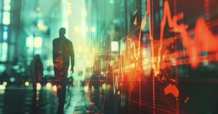 A stock market graph and business people in motion on a double exposure background, with a blurred world map. In this captivating image, the synergy between financial markets and business endeavors is brought to life against a backdrop of blurred wor