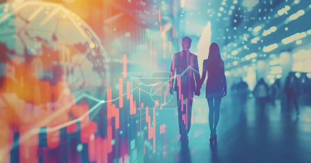 In this poignant image, two businesspeople stand united in a shared journey towards financial success. Against a backdrop of blurred surroundings, an abstract financial chart adorned with upward arrows takes center stage, symbolizing the promise of g