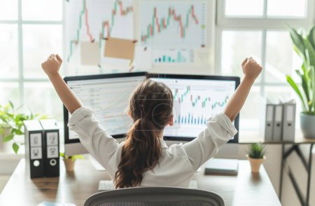 A woman sitting at her desk, celebrating with arms raised in victory after making money on the stock market through trading. In this empowering image, a woman sits poised at her desk, her arms raised in victory as she celebrates a successful trade on