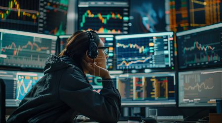 In this compelling image, a woman harnesses the power of technology to navigate the intricate world of finance with confidence and finesse. With the stock market app open on her device, she delves into the realm of trading, surrounded by a wealth of 