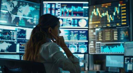 In this dynamic image, a woman assumes the role of a market navigator, charting a course to success amidst the complexities of the financial landscape. With the stock market app open on her device, she steers through market trends and fluctuations wi
