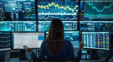 In this commanding image, a woman takes center stage as she immerses herself in the world of finance, surrounded by a symphony of data and insights. With the stock market app open on her device, she navigates the complexities of trading with ease and