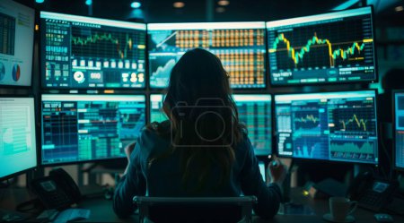 In this inspiring image, a woman takes on the role of a financial maestro, orchestrating success in the realm of trading with finesse and expertise. With the stock market app open on her device, she conducts a symphony of financial data and insights,