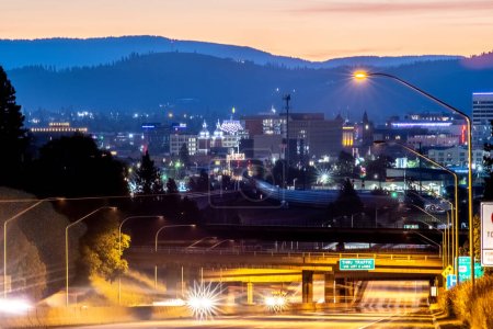 views of spokane washington downtown from highway I-90 in evening