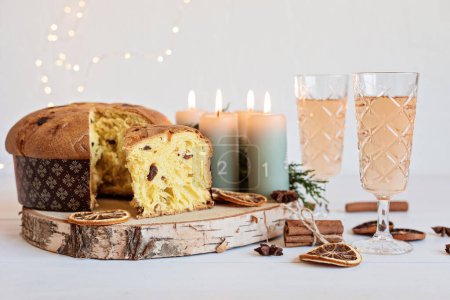 Photo for Panettone, traditional italian Christmas sweets for winter holidays celebration. Cristmas desert, festive dinner concept - Royalty Free Image