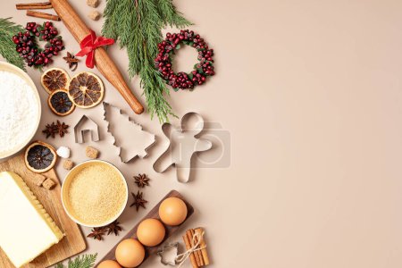Foto de Fondo para hornear galletas de Navidad. Cocina festiva, galletas caseras de Navidad, recetas para el concepto de vacaciones - Imagen libre de derechos