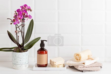 Photo for Bathroom styling and organization. Organic lifestyle and skin care products. Modern minimal design of bathroom refillable, reusable accessories - Royalty Free Image