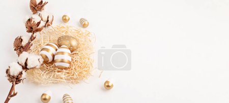 Photo for Easter zero waste, eco friendly decoration, eggs and flowers. Christian religious Easter holiday. Top view, flat lay, copy space - Royalty Free Image