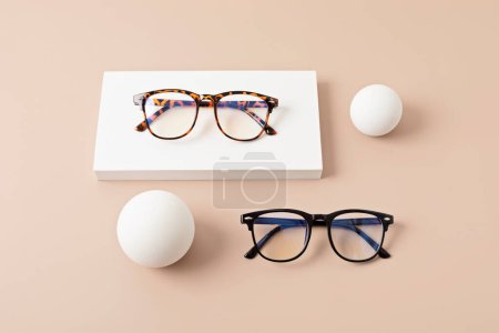 Photo for Stylish eyeglasses. Optical store, glasses selection at optician, fashion accessories - Royalty Free Image