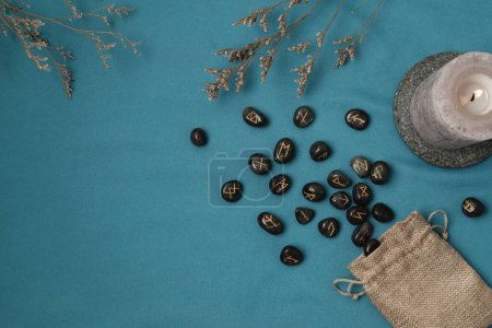 Photo for Set of rune stones for divination and fortune telling. Mystic still life with labradorite runes. Esoteric, occult , witchcraft rituals idea - Royalty Free Image
