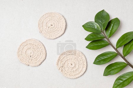 Photo for Reusable handmade cotton pads for makeup removal. Sustainable, eco friendly, zero waste personal hygeinie concept. Top view, flat lay - Royalty Free Image