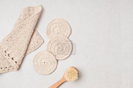 Photo for Reusable handmade cotton pads for makeup removal. Sustainable, eco friendly, zero waste personal hygeinie concept. Top view, flat lay - Royalty Free Image