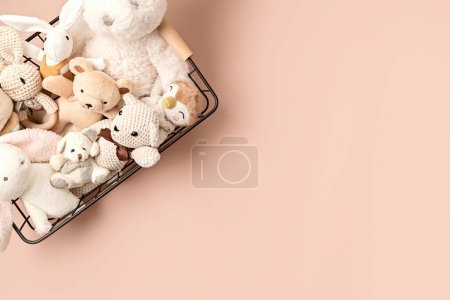 Photo for Soft plush children toys in the basket. Childhood, games, fun, donations concept - Royalty Free Image