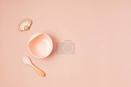 Photo for Top view of baby dishware. First safe plate and tableware for baby and toddler. Flat lay, mockup - Royalty Free Image